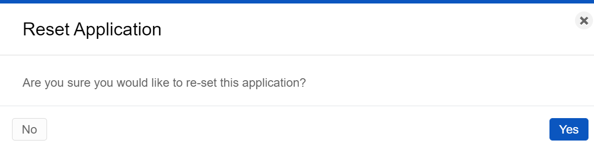 Image of the reset application panel in portal. 